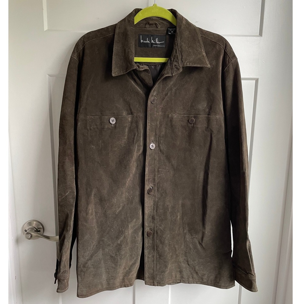 Nicole Miller Vintage 90s Y2K Suede Leather Shirt Jacket Shacket Olive Brown M